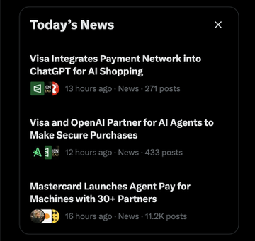 "Visa Integrates Payment Network into ChatGPT for AI Shopping", which shows a news article from a few days ago about a Visa initiative that integrates payment networks with chatbot technology for shopping purposes, accompanied by an alert box indicating this is the latest update on Twitter.