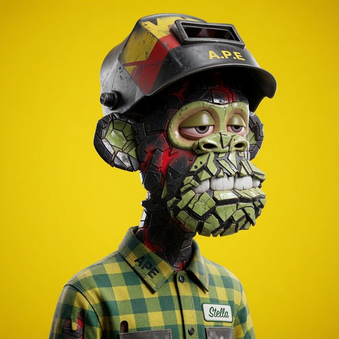 A 3D-rendered character wearing a cracked welding helmet labeled 'A.P.E' over a green reptilian/monkey face, dressed in a green and yellow checkered shirt with a 'Stella' name tag, set against a yellow background.