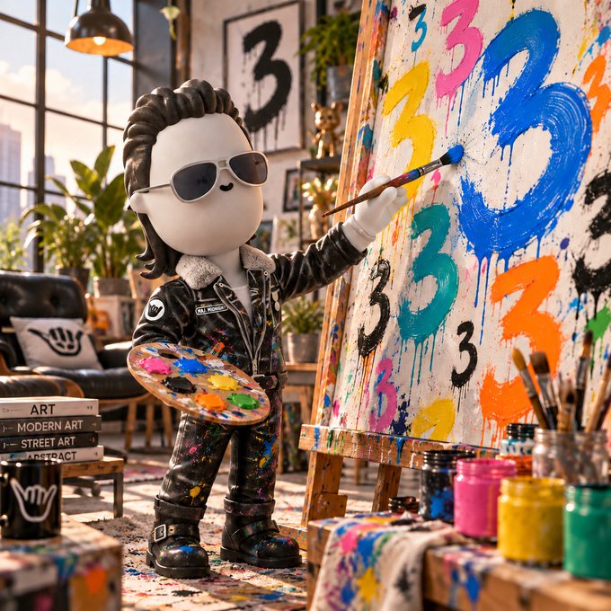 A 3D-rendered cartoon-style figurine of a cool character wearing sunglasses and a leather jacket, painting colorful number '3's on a large canvas in a vibrant art studio.