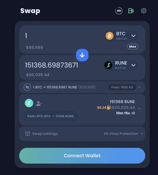A screenshot of a THORChain swap interface showing 1 BTC ($59,999) converting to 151,368.6987 RUNE ($60,025.44) with a 0.45% fee and 10m 18s estimated time. The interface displays a BTC→THOR.RUNE path, illustrating the post's point about $THOR being tradable via THORChain with reduced slippage and improved liquidity pairs.