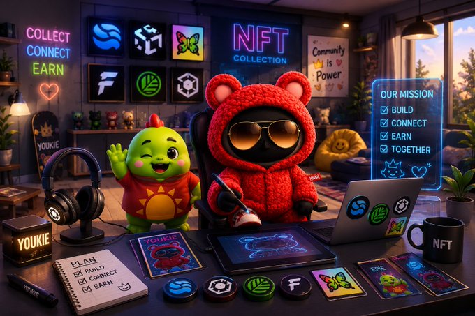 A vibrant, neon-lit NFT workspace features cute characters—a green dinosaur and a red bear in sunglasses—surrounded by "NFT COLLECTION," "COLLECT CONNECT EARN," and "OUR MISSION: BUILD, CONNECT, EARN, TOGETHER" signs, along with logos and trading cards including "YOUKIE" and "EPIC." The image visually embodies the post's message about valuing consistent engagement and community-building efforts over price-focused hype.