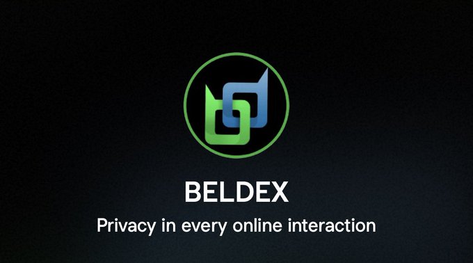 A dark screen displaying the Beldex logo (a green and blue stylized icon) with the tagline "Privacy in every online interaction."