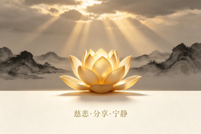 A glowing golden lotus blooms beneath sun rays breaking through clouds, with misty mountains in the background, accompanied by the Chinese text "慈悲·分享·宁静" (Compassion · Sharing · Serenity). The image symbolizes purity, enlightenment, and the rare spiritual value of precious digital handles, mirroring the post's message about early adopters securing scarce and valuable Telegram usernames.
