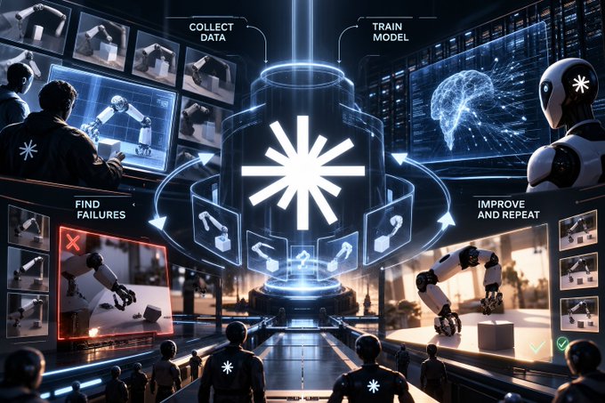 A futuristic illustration depicting an AI/robotics training cycle with stages labeled 'COLLECT DATA', 'TRAIN MODEL', 'FIND FAILURES', and 'IMPROVE AND REPEAT', centered around a glowing cylindrical structure with a starburst logo.