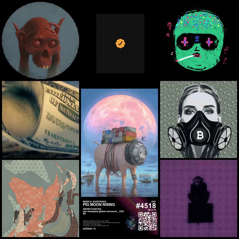This image showcases nine different art pieces, including an illustration featuring a skull with money on its head, as well as other images that represent various themes such as "Skulls of Luci" by @SamSpratt, "Transferred Violence" by @Michael_Poplar, and the "#518 #TransferredSkull". The post also contains information about an art transaction that occurred in June 2020 and the artist's name and the artwork. This image may be part of a larger collection or event, as indicated by its placement on social media with the text "Atc."