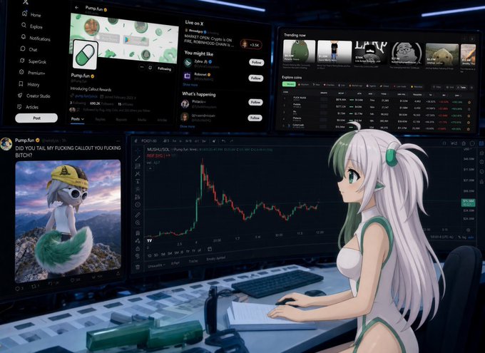 An anime-style illustration shows a white-haired character sitting at a multi-monitor trading setup analyzing cryptocurrency charts, with one screen displaying the 'Pump.fun' interface and a character labeled 'Pump.fun' dressed in a hard hat and sunglasses.