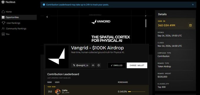 A webpage for 'Nucleus' platform featuring a 'Vangrid - $100K Airdrop' campaign with the tagline 'THE SPATIAL CORTEX FOR PHYSICAL AI', ending in 36D 03H 49M.