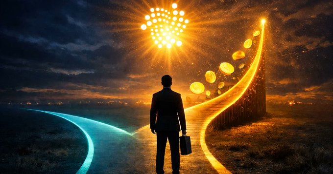An AI-generated image of a businessman standing at a fork in the road, facing a glowing golden path lined with coins and a heart-shaped light formation under a starry sky.