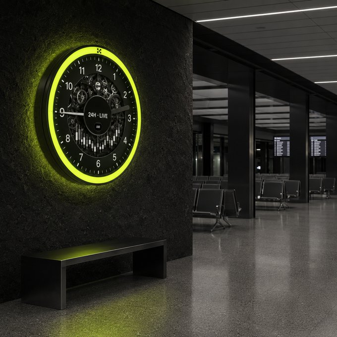 A modern airport-style waiting area features a large, neon green-ringed wall clock displaying "24H - LIVE" with an exposed gear design, alongside a simple black bench and rows of empty seating. The clock's "24H - LIVE" inscription visually reinforces the post's message about trading global assets around the clock with OKX.