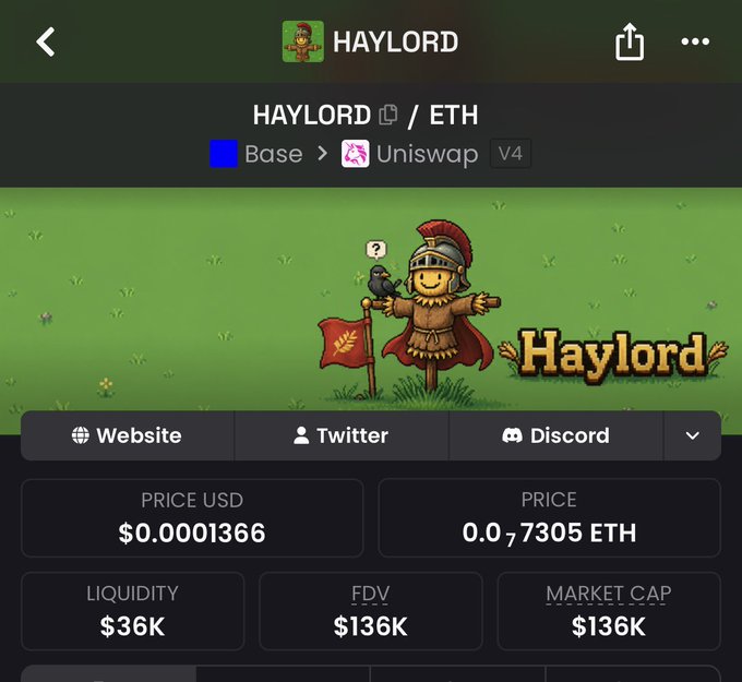 A cryptocurrency tracking app showing details for the token 'HAYLORD / ETH' on the Base network via Uniswap V4, featuring a scarecrow logo and pricing details including $0.0001366 and a $36K liquidity.