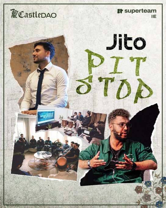A poster or promotional image for 'Jito PIT STOP' by CastleDAO and superteam IE, featuring torn paper collage elements with photos of men and a group meeting.