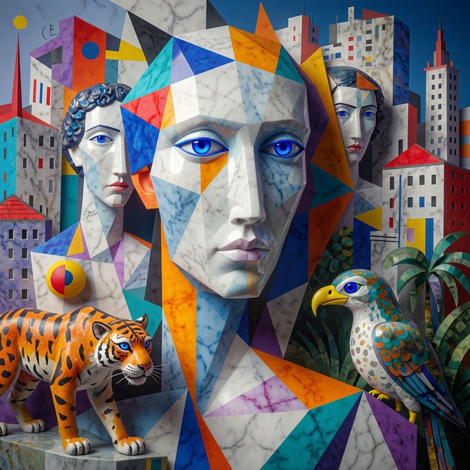 Cubist-style painting featuring fragmented marble faces with blue eyes, a tiger, and a parrot, set against a backdrop of colorful geometric buildings.