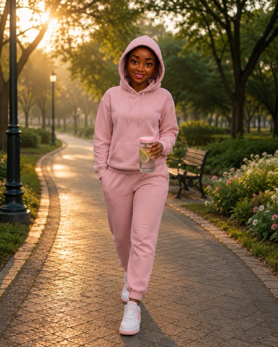 The image features a woman walking down a sidewalk, wearing a pink hoodie and matching pink pants while holding a water bottle. The background includes trees and bushes, creating an outdoor setting for her walk. The caption of the image reads "gm, good morning everyone I've realized that the projects I stick with the longest are rarely the ones trying to impress people with complexity. They are usually the ones that make something difficult feel almost effortless." This statement is related to the woman's outfit and suggests a connection between her choice of clothing and her preference for simplicity or ease in other aspects of life, such as her approach to projects or tasks.