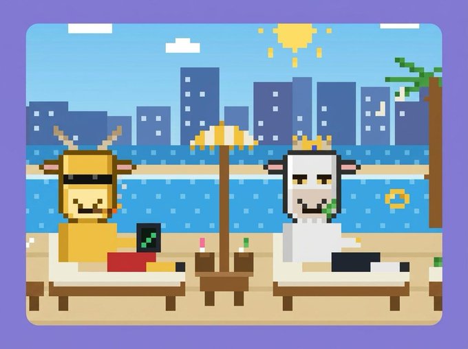 A pixel art illustration of two crowned anthropomorphic animals (a cow/bull and a sheep) relaxing on beach lounge chairs with drinks by a city pool, referencing crypto meme culture.