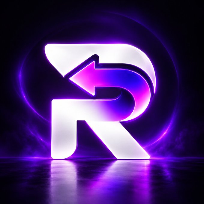 A stylized 3D rendered letter "R" logo in glowing white and neon purple sits against a dark background with a reflective floor, representing the RebateLaunch brand featured in the post. The bold, luminous design visually reinforces the project's modern, tech-forward token launch platform.