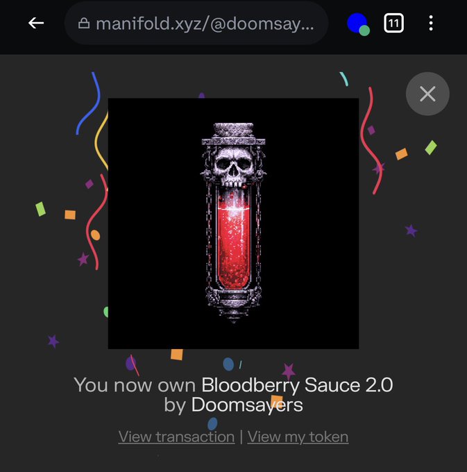 A screenshot of a Manifold.xyz transaction confirmation page showing ownership of "Bloodberry Sauce 2.0 by Doomsayers" NFT, featuring an image of a skull-topped vial filled with red liquid.