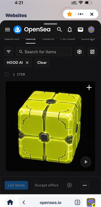 The image shows a mobile screenshot of the OpenSea NFT marketplace filtered by "HOOD AI," displaying one yellow cube-like item. This aligns with the post about HoodAI, suggesting the user minted or listed a free HoodAI NFT.