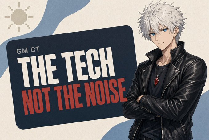 An anime-style graphic featuring a white-haired male character in a black leather jacket, alongside the text 'GM CT THE TECH NOT THE NOISE'.
