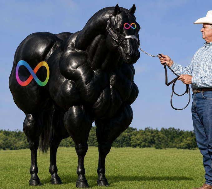 A digitally edited image of an extremely muscular black horse with a Meta infinity logo on its flank, being held by a man in a cowboy hat in a grassy field.