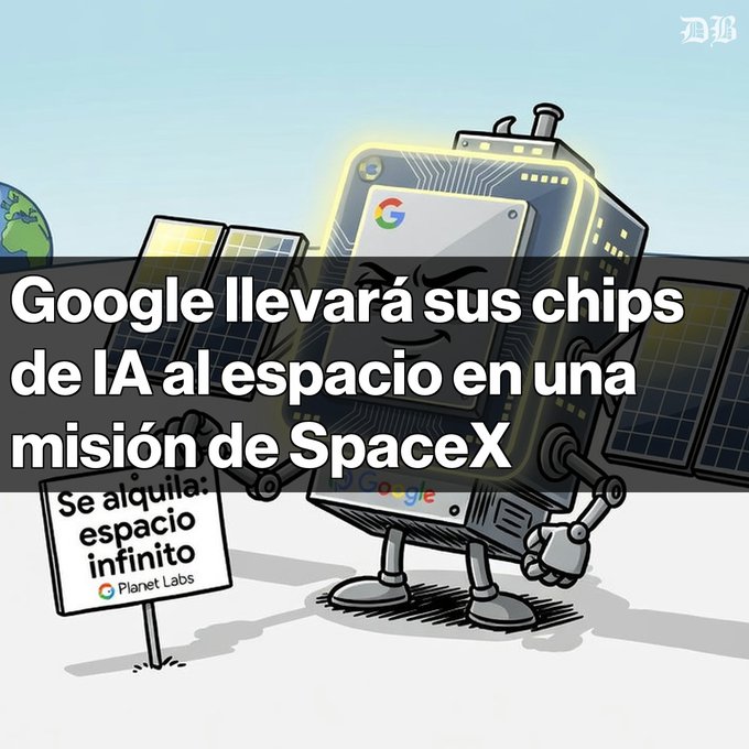 A Spanish-language cartoon illustration from 'WS' depicting a Google AI chip character holding a sign that says 'Se alquila: espacio infinito' (For rent: infinite space) from Planet Labs, with a headline reading 'Google llevará sus chips de IA al espacio en una misión de SpaceX' (Google will take its AI chips to space on a SpaceX mission).