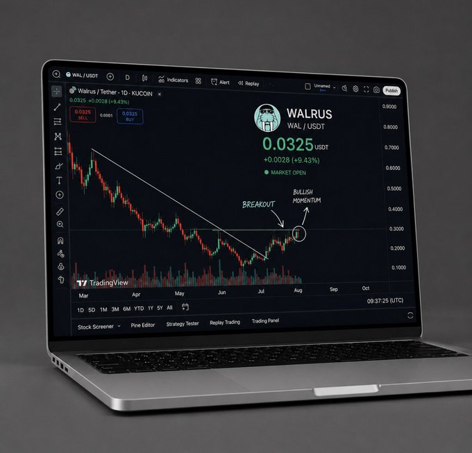 The image shows a laptop screen displaying a cryptocurrency graph, with the text "My Walrus thesis has not changed." This might indicate that the person analyzing the graph noticed some trends or patterns that didn't change their initial thesis about Walrus trading strategy. It highlights the importance of observing the data and making adjustments as needed for successful investing in the market.