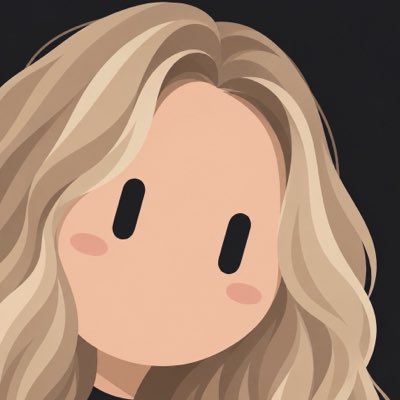 A digital illustration of a chibi-style female character with long wavy blonde hair, simple black oval eyes, pink blushing cheeks, and a neutral expression against a black background.