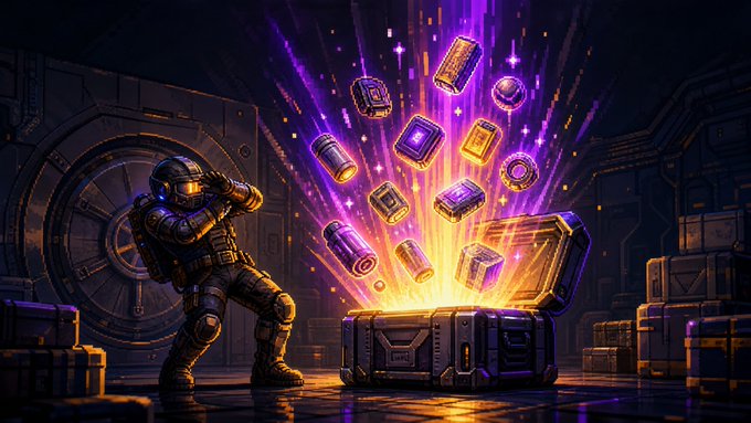 A digital illustration of an astronaut recoiling in surprise as an open treasure chest erupts with glowing purple and gold loot in a futuristic vault.