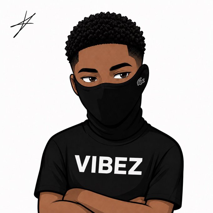 A cartoon-style digital illustration of a young man with short curly hair wearing a black face mask and a black t-shirt with 'VIBEZ' printed in white letters.