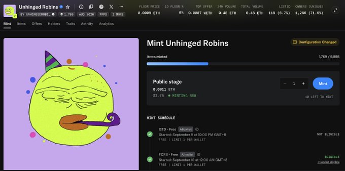 A screenshot of an NFT minting page for 'Unhinged Robins' showing a cartoon yellow bird with a party hat smoking a cigar, with a mint price of 0.0011 ETH and various mint schedule details.