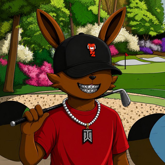 A cartoon illustration of a brown rabbit-like character wearing a black cap with a 'Z' logo, a red shirt, and a pearl necklace, holding a golf club on a golf course.