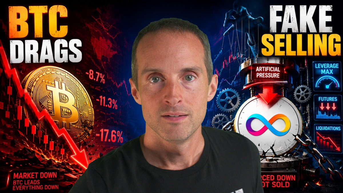 The image shows a man standing next to two posters. One of the posters features a gold Bitcoin, while the other has an illustration of an animated face with the text "BTC Drags Fake Selling". The man's gaze is directed towards these visual elements in front of him.