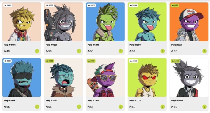 A marketplace display showing ten stylized cartoon character NFTs with various unique designs, prices ranging from 49 to 60, and identifiers like 'Perp #4436' and 'Perp #0931'.