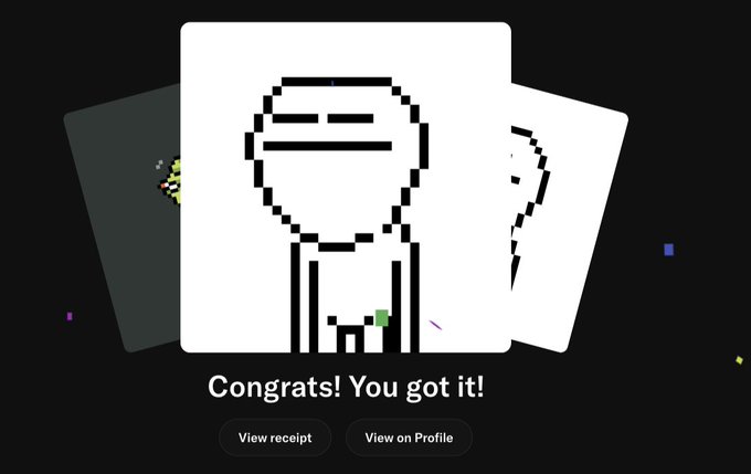 A digital interface displaying pixel art with the congratulatory text 'Congrats! You got it!' along with 'View receipt' and 'View on Profile' buttons.