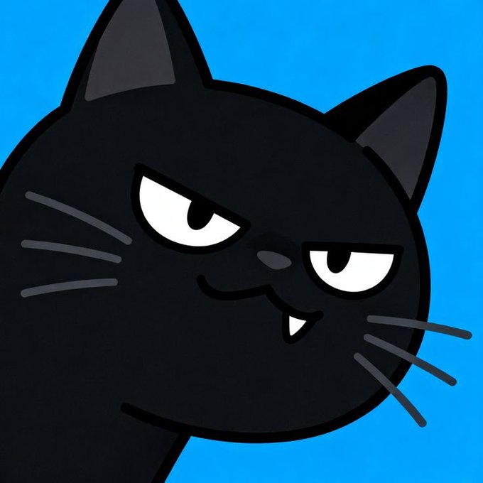 A cartoon black cat with half-closed eyes and a slight smirk shows its small fang against a bright blue background.