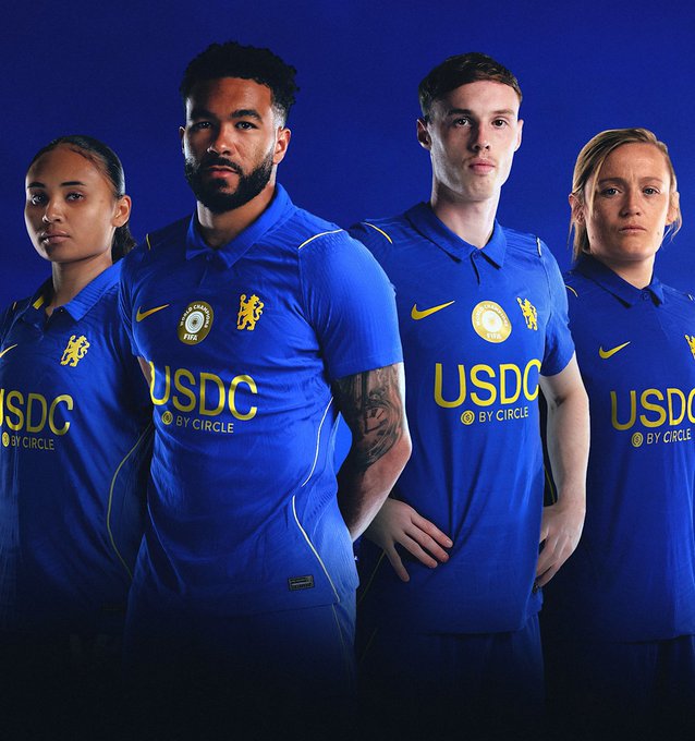 Chelsea players model the club's new home kit featuring USDC by Circle as the principal front-of-shirt sponsor, marking Circle Internet Group's unveiling as Chelsea's new principal partner.