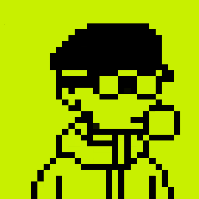 Pixel art portrait of a figure with sunglasses and dark hair rendered in bright yellow and black.