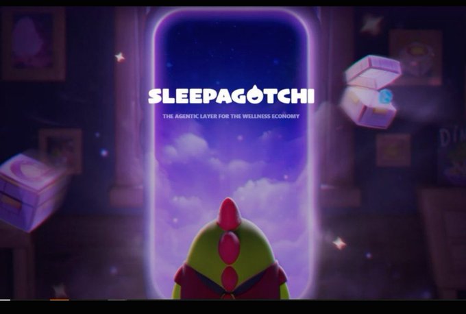 Sleepagotchi promotional graphic with the tagline 'THE AGENTIC LAYER FOR THE WELLNESS ECONOMY,' showing a green dragon-like character looking into a glowing purple portal with floating treasure chests in the background.