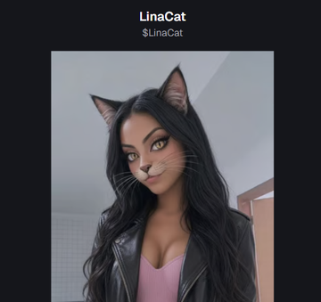 The image shows a digital avatar titled "LinaCat" with the handle "$LinaCat" displayed at the top, featuring a stylized portrait of a woman with long black hair, cat ears, and feline facial markings wearing a leather jacket. This appears to be the same image referenced in the post, where the user is expressing frustration that someone has created a memecoin on PumpFun using this LinaCat avatar without permission.