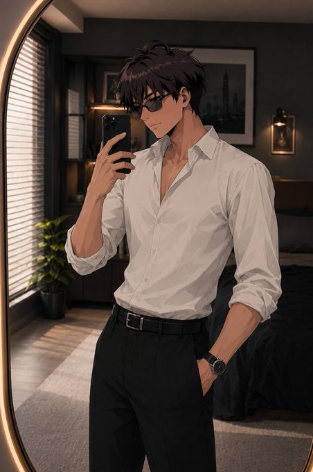 An anime-style man in a white dress shirt and sunglasses takes a mirror selfie in a modern apartment.