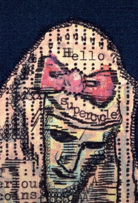 A mixed-media artwork featuring a textured, dotted figure with text overlays reading 'Hello' and 'Supercycle' against a dark blue background.