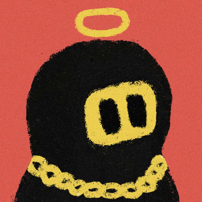 A stylized illustration of a black hooded figure with a yellow halo above its head, a gold chain around its neck, and large yellow oval eyes set against a red background.