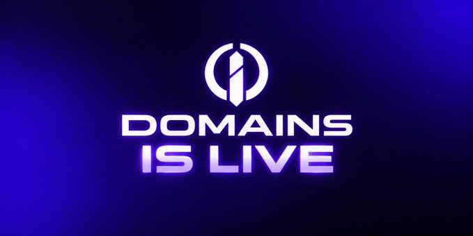 A sleek digital graphic with a blue gradient background displays the Orixa logo—a stylized white circular emblem—above bold text reading "DOMAINS IS LIVE," reinforcing the post's announcement that @OrixaDomains has officially launched.