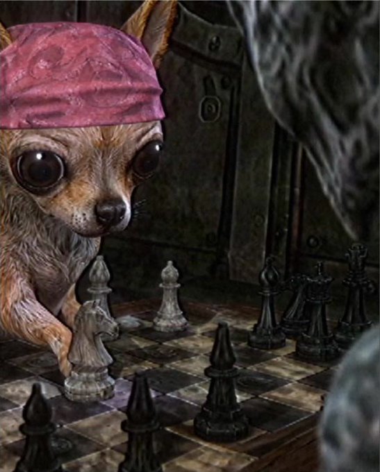 A small chihuahua wearing a red bandana sits at a chess board, appearing to play against an opponent across the table.