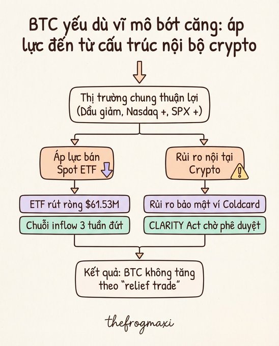An infographic by thefrogmaxi in Vietnamese analyzes why BTC is struggling, showing that despite a favorable market with gold dropping, Nasdaq up, and SPX up, selling pressure from Spot ETFs and internal crypto risks like Coldcard security and the CLARITY Act have prevented BTC from following a 'relief trade' upward.