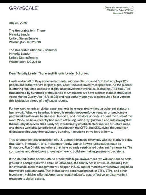 A formal letter from Grayscale Investments, LLC dated July 31, 2026, addressed to Senate Majority Leader John Thune and Minority Leader Charles E. Schumer, urging them to schedule a floor vote on the Clarity Act (H.R. 3633) for digital asset market structure legislation.