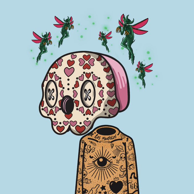 An artistic illustration of a decorated sugar skull with hearts and cross-eye markings, with small green fairy-like winged creatures flying above it and a mystical tarot-style card below.