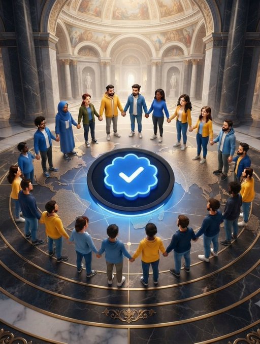 An illustrated scene depicts a diverse group of people holding hands in a circle around a glowing blue checkmark icon on the floor of a grand, classical building.