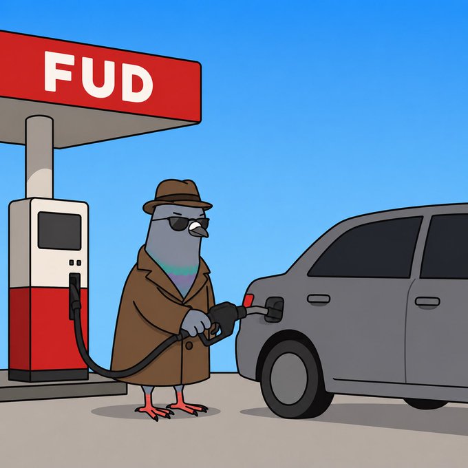 A cartoon pigeon wearing sunglasses and a trench coat pumps gas into a car at a station with a red "FUD" sign, cleverly evoking the classic "Fear, Uncertainty, and Doubt" crypto term as a fueling stop. The "Gm Gm!" greeting pairs with the laid-back, sunglasses-wearing pigeon to set a chill, bullish vibe against the ominous "FUD" backdrop.