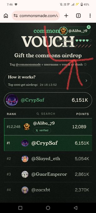 A mobile screenshot of the 'commonsmade.com' website showing a 'Gift the commons airdrop' leaderboard with top entries including @CrypSaf (6,151K points), @Slayed_eth, @GuarEmperor, and @zacxbt.
