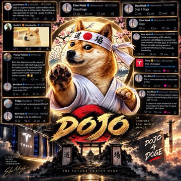A promotional graphic for 'Elon Musk' and his 'Dojo' AI supercomputer project, styled like social media posts surrounding an image of a Shiba Inu dog in martial arts attire with the text 'DOJO - THE FUTURE TRAINER MMO'.
